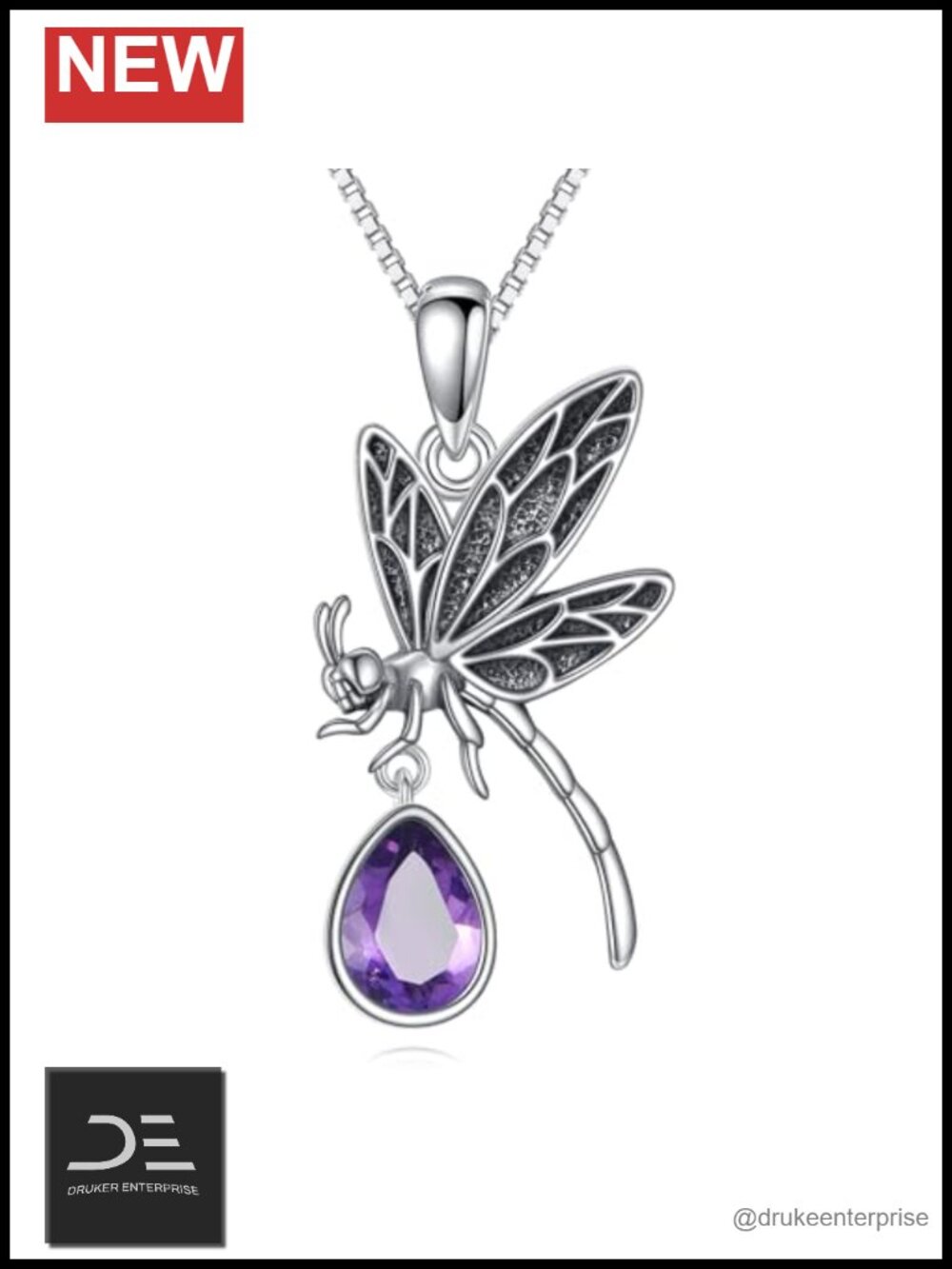 925 Sterling Silver Dragonfly Pendant Necklace Amethyst Teardrop Boho Gift